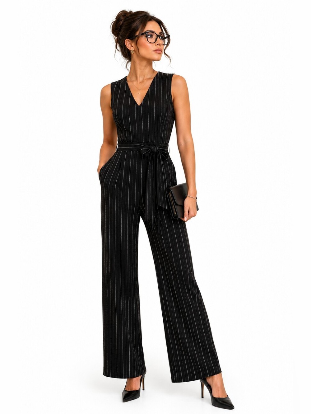 Emma & Michele Black Pinstripe V-Neck Tie-Waist Jumpsuit